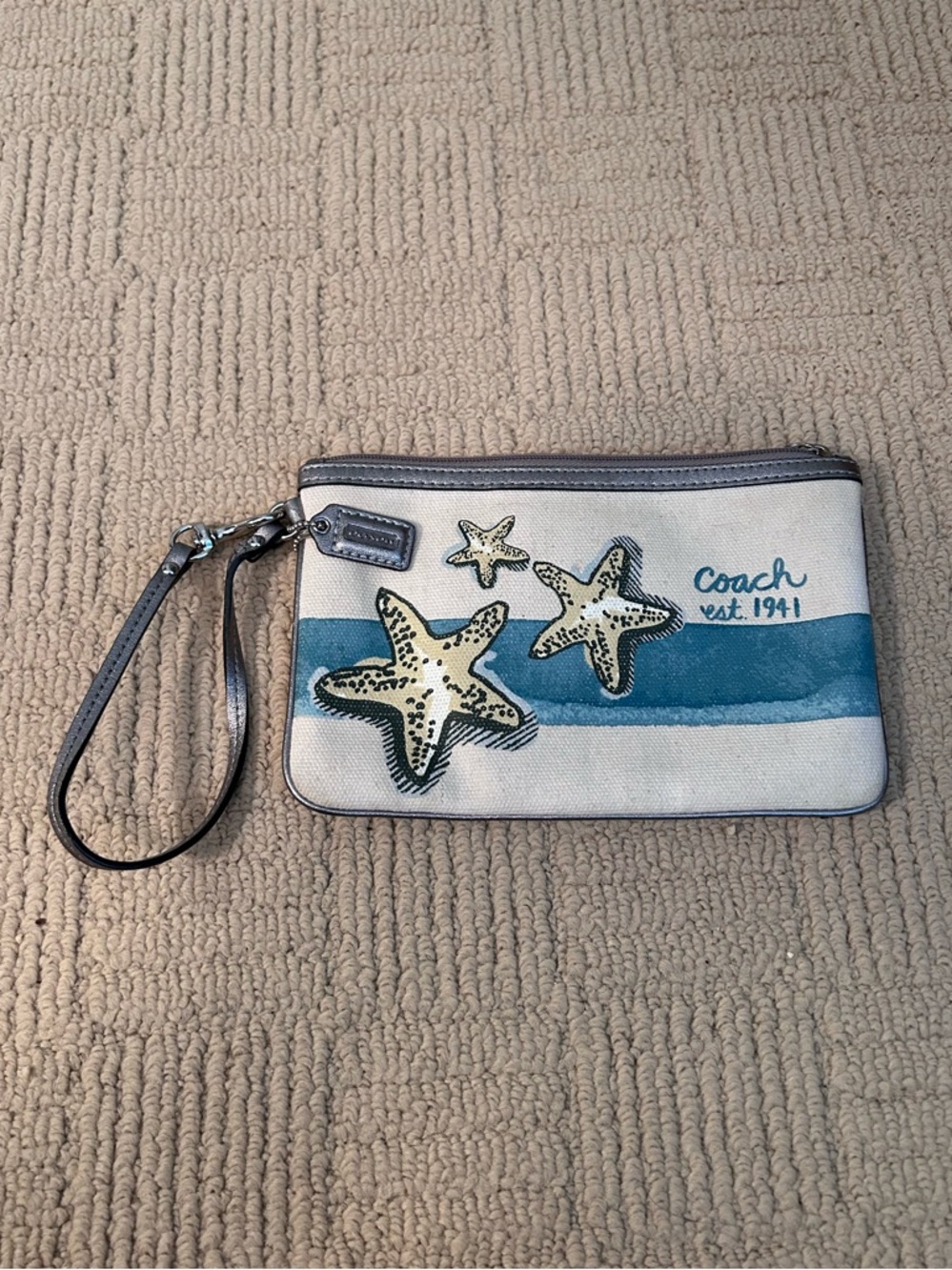 COACH 1941 Blue and Cream Starfish Canvas Wristlet